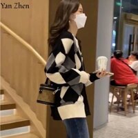 Áo khoác dài tay dáng rộng hình thoi kẻ sọc nhàn rỗi phong cách áo len Cardigan dành cho nữ