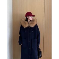 áo khoác dáng dài mũ lông trùm đầu cao cấp lông mịn 100 len lông phong cách hàn hàng QC KCC2972
