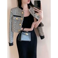 Áo khoác Đen Trắng Tương Phản Slanted Sọc Xã Hội Mùa Thu Xuân Nữ Phong Cách Mỏng Ngắn Dày Áo Khoác