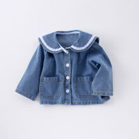 Áo khoác Denim cho bé gái, quần áo trẻ em mùa xuân, quần áo trẻ sơ sinh, áo khoác denim mềm, cổ hải quân, Áo dễ phối QZSP