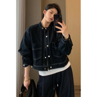 Áo Khoác Denim Đen Form Rộng Unisex, Jacket Jean Cổ Tròn Cá Tính, Thời Trang Nữ Hàn Quốc