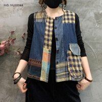 Áo khoác denim gile sát nách KAMAKA chắp vá caro - NU10344