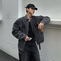 Áo Khoác denim Jacket  390gsm Form Rộng Áo Khoác Jacket Denim Cổ Tàu Basic Phối Khoá Kéo Ngực Menswear