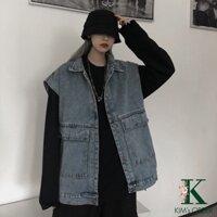 Áo khoác denim không tay, áo gile bò nam nữ kiểu dáng rộng  Phong Cách Cá Tính Áo Khoác Jeans Dáng Rộng Xanh  Qc16