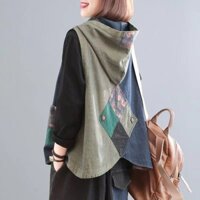 Áo Khoác Denim Không Tay Có Mũ Trùm In Họa Tiết Thời Trang Xuân Thu Phong Cách Hàn Quốc Kiểu Mới