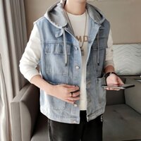 Áo Khoác denim Không Tay Có Mũ Trùm Đầu Phong Cách Thời Trang Xuân Thu Cho Nam Giới