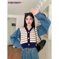 Áo Khoác denim Lửng Tay Dài Cổ Chữ v Họa Tiết Kẻ Sọc Thời Trang Mùa Thu Phong Cách Mới Dành Cho Nữ