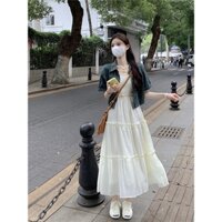 Áo khoác denim ngắn tay lửng cá tính, Váy hai dây nữ viền ren xếp từng basic trẻ trung mùa xuân thu 18584