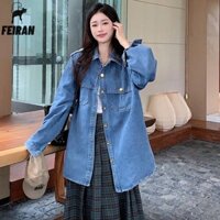 Áo khoác Denim nữ có nút ngực đơn và bộ váy kẻ sọc