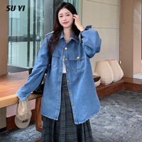 Áo khoác Denim nữ có nút ngực đơn và bộ váy kẻ sọc