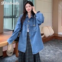 Áo khoác Denim nữ có nút ngực đơn và bộ váy kẻ sọc