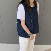 Áo Khoác Denim Sát Nách Cổ Tròn Cỡ Lớn Kiểu Hồng Kông Retro Nhật Bản Cá Tính