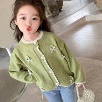 Áo khoác dệt kim bé gái dài tay cổ tròn thêu hoa một ngực Áo len trẻ em