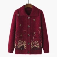 Áo khoác dệt kim mẫu mới cho bà già áo len mùa thu cho bà già Áo Cổ Vuông Màu rộng rãi cho phụ nữ trung niên và cao tuổi mặc bên ngoài