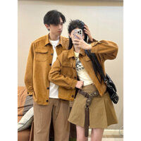 Áo khoác đôi nam nữ cổ sơ mi nâu da lộn form rộng - FOREVER COUPLE