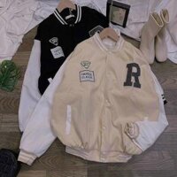 Áo khoác dù bomber jacket phối tay VOGUE CHỮ R form rộng unisex nam nữ - Đen - M