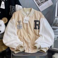 Áo khoác dù bomber jacket phối tay VOGUE CHỮ R form rộng unisex nam nữ - Kem - XL