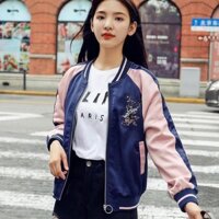 Áo khoác dù Bomber unisex dây kéo thêu hoa anh đào, form Hàn Quốc unisex cho nam nữ KD14