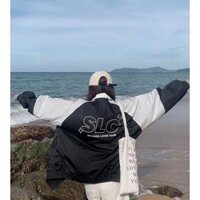 Áo khoác dù cỗ bẻ có dây kéo form rộng, Áo khoác dù unisex SLC - Đen - L