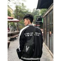 Áo Khoác Dù Gió 2 Lớp Chữ Hàn Quốc Màu Đen Phối Trắng - Kiểu Bomber Unisex Có khóa kéo - ĐEN - L