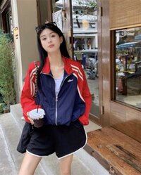 Áo Khoác Dù Gió 2 Lớp Nam Nữ AOA SỌC TAY ĐỎ XANH, Form Rộng, Chống Nước - ĐỎ - S