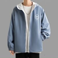 Áo khoác dù nam nữ UNISEX form rộng in mặt cười chất dù 2 lớp nón rộng UENO VOGUE - Xanh dương - L