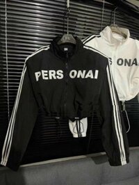 Áo khoác dù nữ cổ trụ in chữ phối viền kiểu croptop bo thun mặc chống nắng mùa hè - Đen - Free size