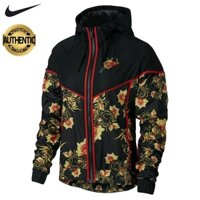 Áo khoác dù nữ Nike chính hãng 1 lớp màu đen hoa văn có mũ trùm đầu vải dù xịn