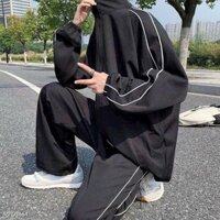 Áo khoác dù Unisex cổ trụ, màu đen kẻ sọc trắng (CÓ ẢNH THẬT)