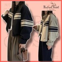 Áo khoác form lửng kaki da lộn 2 lớp cổ trụ phối sọc dáng bomber unisex nam nữ