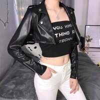 Áo khoác form ngắn croptop đen da tay dài ulzzang
