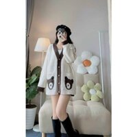 Áo Khoác Gấu 2 Túi Cardigan Siêu Cute Áo Len Form Rộng Dáng Dài - H2H16