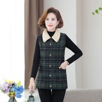 Áo khoác ghi lê dạ kẻ lót lông cho mẹ