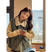 Áo Khoác Gilê Denim Lông Cừu, Áo Khoác Sát Nách Siêu Đẹp Kiểu Dáng Thích Hợp Được Ưa Chuộng Đầu Xuân Rộng Rãi Cho Nữ