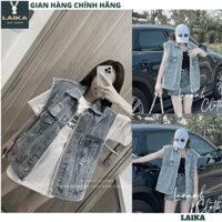 Áo khoác gile jean bò rách viền tua rua màu xanh dáng rộng thời trang phong cách hàn quốc hot - LAIKA AKB13