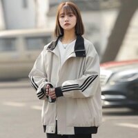 Áo khoác gió chất dù 2 lớp, dành cho nam và nữ, 3 màu kem đen xanh, sọc chạy dọc tay áo, che khóa Jacket
