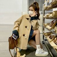 Áo khoác gió kaki áo khoác nữ dáng ngắn xuân thu khuy áo khoác hot