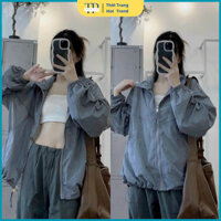 Áo Khoác Gió Vải DÙ Nhăn TP Form Rộng Dáng Dài Có Dây Rút Form Rộng Hàn Quốc Cón Nón Rộng Basic Nữ