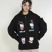 Áo Khoác HELLO KITTY Thun Nỉ Len Tay Dài , Nón 2 Lớp - Kiểu Áo Hoodie Zip Unisex - Jacket Nữ Chống NắngTop Màu Đen ,Vàng