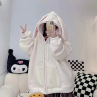 ÁO KHOÁC HOODIE CHẤT NỈ BÔNG CÓ TAI THỎ HỒNG FROM RỘNG
