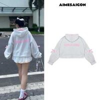 Áo khoác hoodie dây kéo croptop nỉ 2 da Coquette AIMÉ tay phồng đính nơ in nổi dễ thương - Aimesaigon