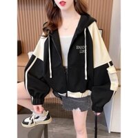 Áo Khoác Hoodie Dây Khoá Kéo Dáng Lửng Tay Phối Túi Hộp Có Túi Trong Tiện Lợi
