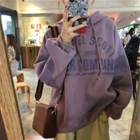 Áo khoác hoodie lót lông cho nữ, mùa thu đông 2024, phong cách Hàn Quốc mới, rộng rãi, kích thước lớn, in chữ, áo khoác sinh viên thời thượng