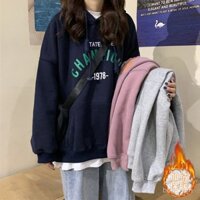 Áo khoác hoodie lót lông cho phụ nữ, mùa thu đông 2022, phong cách Hàn Quốc mới, in chữ, áo khoác rộng rãi đa năng cho sinh viên