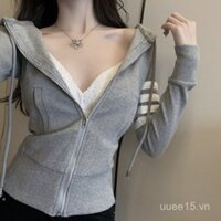 Áo khoác hoodie mỏng màu xám cotton cho phụ nữ, áo cardigan mùa thu và đông, bán buôn thời trang nữ xuyên biên giới