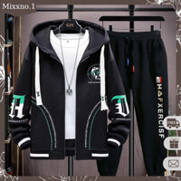 Áo Khoác Hoodie Nam Dài Tay In Họa Tiết Phối Quần Nỉ Bo Gấu Thời Trang Mixxno1 AO KHOAC NAM 054 + QUAN NAM 069