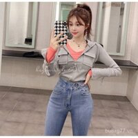 Áo khoác hoodie ngắn tay màu xám phong cách Hàn Quốc mùa thu đông 2023