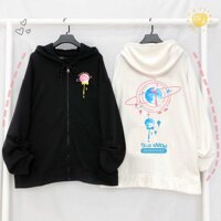 Áo Khoác Hoodie Nỉ Bông SHINING MOON Dây Kéo Form Rộng Unisex Nam Nữ Phong Cách Hàn Quốc Ulzzang KUN - ĐEN,M 37- &lt;50KG &lt;1M63