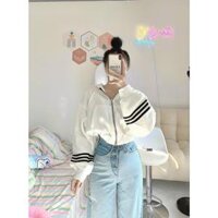 Áo Khoác Hoodie Nữ Kiểu Croptop Phối Viền Sọc Tay Có Nón Vải Thun Nỉ Ngoại Mềm Mịn Nhiều Màu - TRẮNG - L