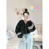 Áo Khoác Hoodie Nữ Kiểu Croptop Phối Viền Sọc Tay Có Nón Vải Thun Nỉ Ngoại Mềm Mịn Nhiều Màu - ĐEN - L
